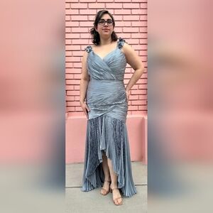 Mac Duggal Silver Blue Ruche Dress